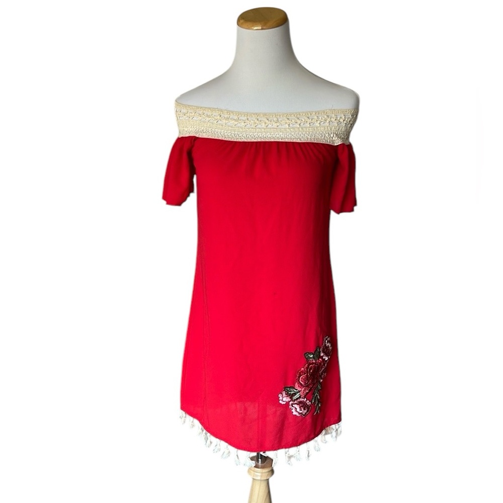 Red Off-Shoulder Dress with Floral Embroidery. Size S